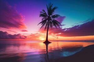 AI generated Beautiful nature tropical beach and sea with coconut palm tree at sunset time for travel and vacation photo