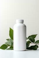 AI generated Blank cosmetic bottle with green leaves on white background photo