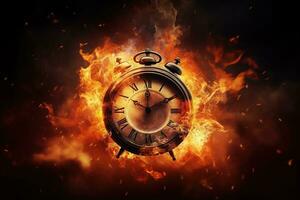 AI generated Alarm clock on fire background. Time is running out concept. photo