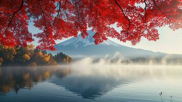 ai generado fuji montaña y lago kawaguchiko en otoño estación, Japón foto