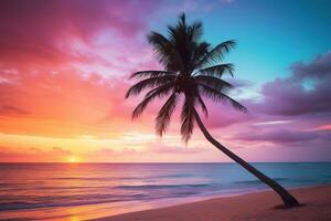 AI generated Beautiful nature tropical beach and sea with coconut palm tree at sunset time for travel and vacation photo