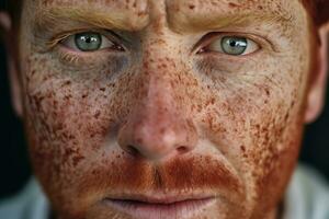 AI generated Close-up of freckled man looking at camera photo