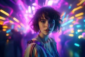 AI generated Portrait of a beautiful girl with short hair dancing in a nightclub photo