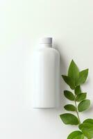 AI generated Blank cosmetic bottle with green leaves on white background photo