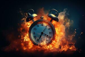 AI generated Alarm clock on fire background. Time is running out concept. photo