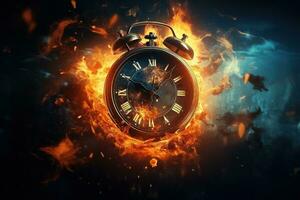 AI generated Alarm clock on fire background. Time is running out concept. photo