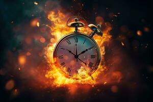 AI generated Alarm clock on fire background. Time is running out concept. photo