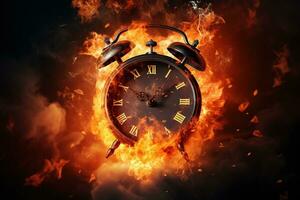 AI generated Alarm clock on fire background. Time is running out concept. photo