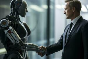 AI generated Businessman and robot shaking hands in modern office. Business concept. photo