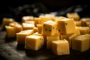 AI generated Close-up of a plate of yellow cheese cubes. photo