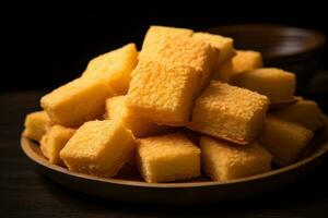 AI generated Close-up of a plate of yellow cheese cubes. photo