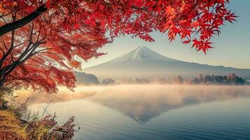 ai generado fuji montaña y lago kawaguchiko en otoño estación, Japón foto