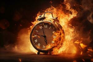 AI generated Alarm clock on fire background. Time is running out concept. photo