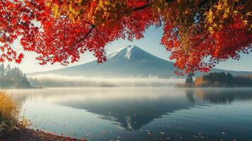 AI generated Fuji Mountain and Lake Kawaguchiko in autumn season, Japan photo