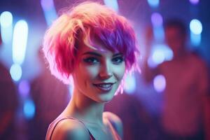 AI generated Portrait of a beautiful girl with short hair dancing in a nightclub photo