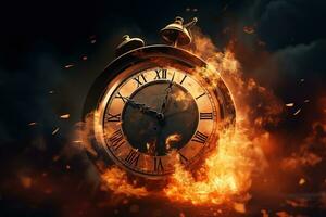 AI generated Alarm clock on fire background. Time is running out concept. photo