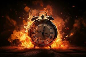 AI generated Alarm clock on fire background. Time is running out concept. photo