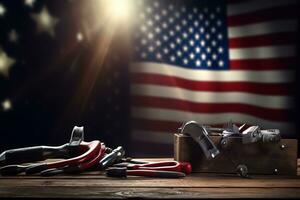 AI generated tools on a wooden table against the background of the American flag photo