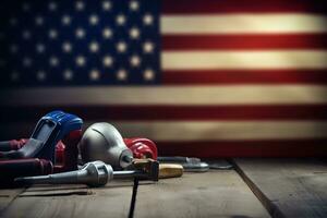 AI generated tools on a wooden table against the background of the American flag photo