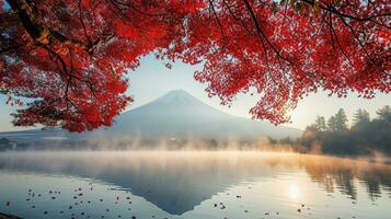 AI generated Fuji Mountain and Lake Kawaguchiko in autumn season, Japan photo