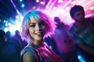 ai generado retrato de un hermosa niña con corto pelo bailando en un Club nocturno foto