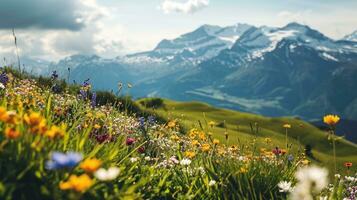 ai generado vistoso prado con flores silvestres y montañas en el antecedentes foto