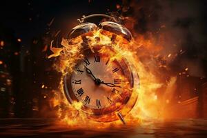 AI generated Alarm clock on fire background. Time is running out concept. photo