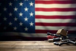 AI generated tools on a wooden table against the background of the American flag photo