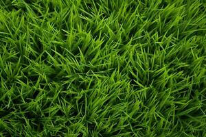 AI generated Green grass texture background. Close up of fresh spring grass top view photo