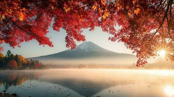 ai generado fuji montaña y lago kawaguchiko en otoño estación, Japón foto