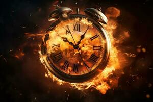 AI generated Alarm clock on fire background. Time is running out concept. photo