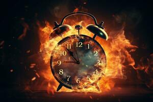 AI generated Alarm clock on fire background. Time is running out concept. photo