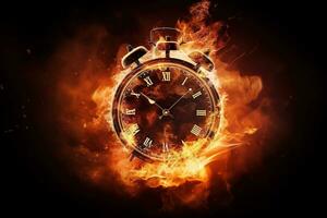 AI generated Alarm clock on fire background. Time is running out concept. photo