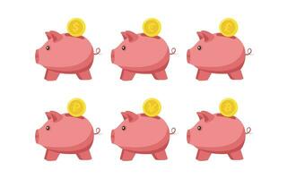 Piggy Bank and Coins with currency symbols. Set of piggy banks with gold coins. vector