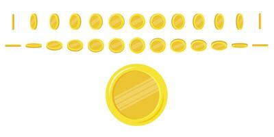 Coins rotating. Set of rotation gold coins at different angles for animation. Flat vector illustration.