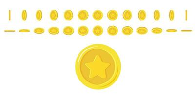 Coins star rotating. Set of rotation gold coins at different angles for animation. Flat vector illustration.
