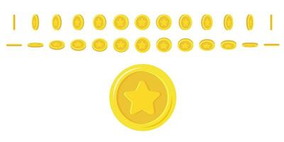 Coins star rotating. Set of rotation gold coins at different angles for animation. Flat vector illustration.