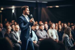 AI generated Speaker Giving a Talk at Business Conference. Audience at the conference hall. Business and Entrepreneurship. photo