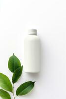 AI generated Blank cosmetic bottle with green leaves on white background photo