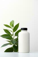 AI generated Blank cosmetic bottle with green leaves on white background photo