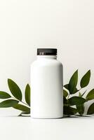 AI generated Blank cosmetic bottle with green leaves on white background photo