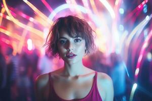 ai generado retrato de un hermosa niña con corto pelo bailando en un Club nocturno foto