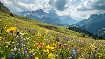 AI generated Colorful meadow with wildflowers and mountains in the background photo