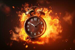 AI generated Alarm clock on fire background. Time is running out concept. photo