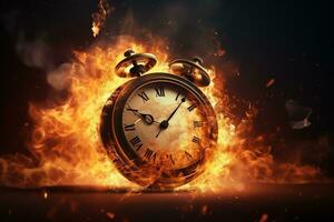 AI generated Alarm clock on fire background. Time is running out concept. photo