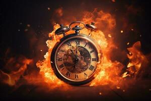 AI generated Alarm clock on fire background. Time is running out concept. photo