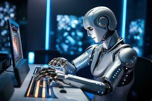 AI generated Robot humanoid working on a computer in a nightclub photo