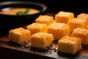 AI generated Close-up of a plate of yellow cheese cubes. photo