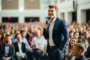 AI generated Speaker Giving a Talk at Business Conference. Audience at the conference hall. Business and Entrepreneurship. photo