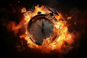 AI generated Alarm clock on fire background. Time is running out concept. photo